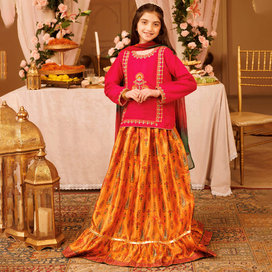 Girls Raw Silk 3PCs Suit Noor-e-DIL -Hot Pink