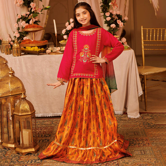 Girls Raw Silk 3PCs Suit Noor-e-DIL -Hot Pink