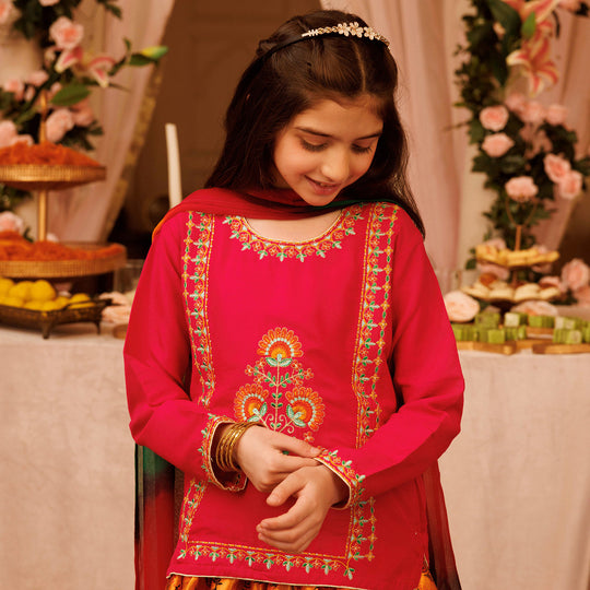 Girls Raw Silk 3PCs Suit Noor-e-DIL -Hot Pink