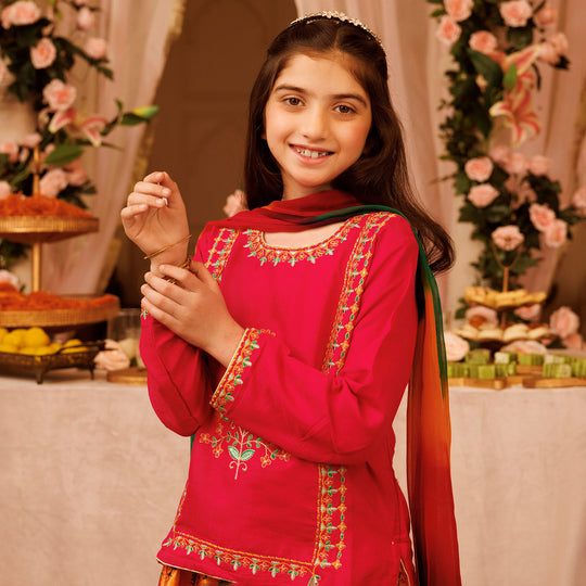 Girls Raw Silk 3PCs Suit Noor-e-DIL -Hot Pink