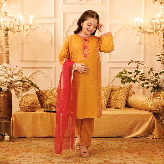 Girls Jacquard 3Pcs Suit Naaz - Golden Glow