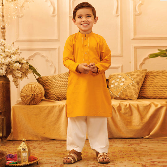 Boys Cotton Poplin Printed Kurta (I. Motif)-Mustard