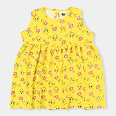 Infant Girls Cotton Terry Knitted Frock Printed -Yellow