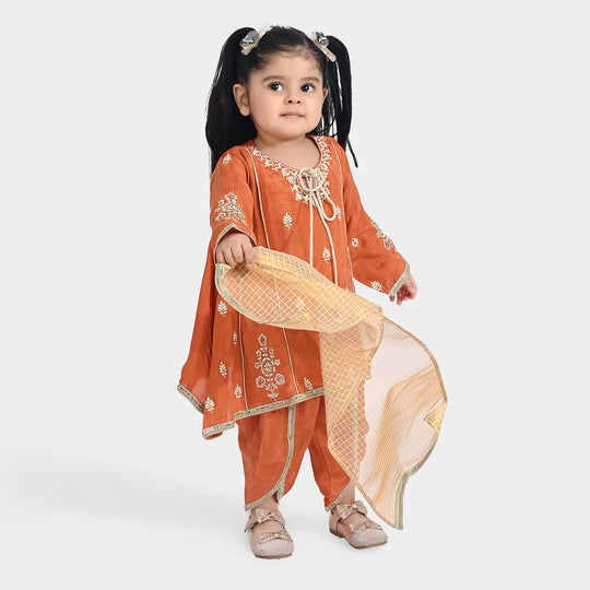 Infant Girls Raw Silk 3Pcs Khwahish-Rust