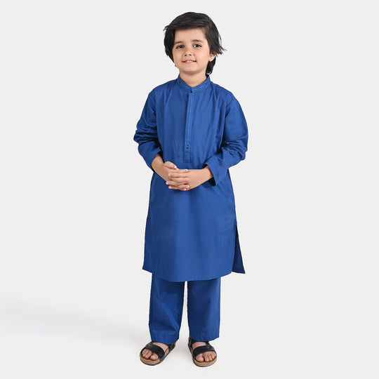 Boys Cotton Poplin Kurta Pajama (Collar Stud)-E.Blue
