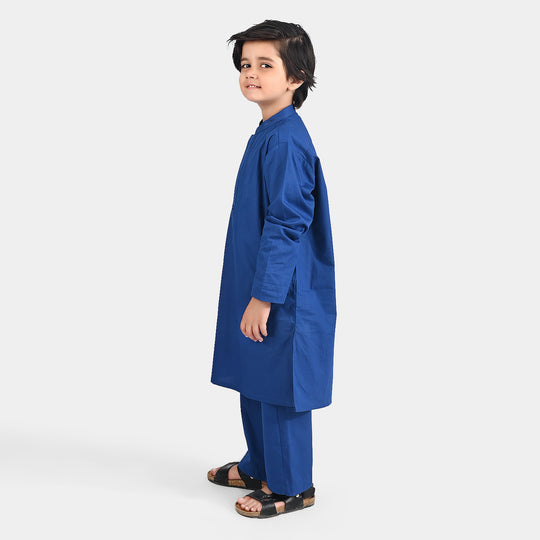 Boys Cotton Poplin Kurta Pajama (Collar Stud)-E.Blue