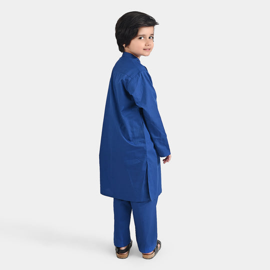 Boys Cotton Poplin Kurta Pajama (Collar Stud)-E.Blue