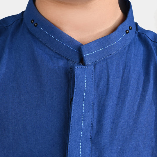 Boys Cotton Poplin Kurta Pajama (Collar Stud)-E.Blue