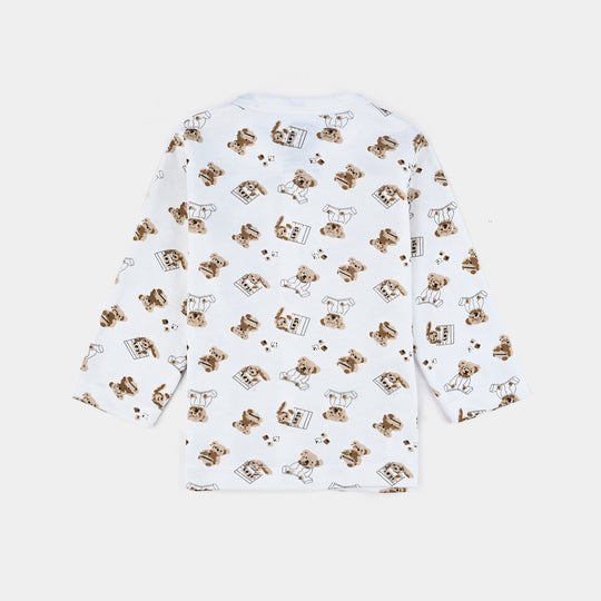 Infant Baby Poly Cotton Night Suit Printed Bear-Off White