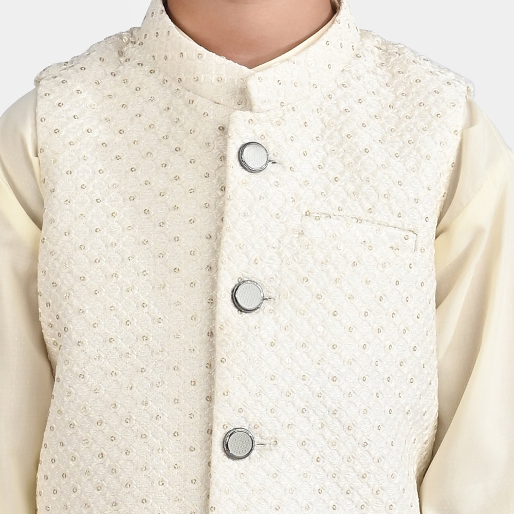 Boys Poly Viscose 3 Piece Suit (Square PKT)-Off White