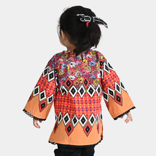 Infant Girls Cotton Poplin Printed Kurti Fan Flowers-Multi