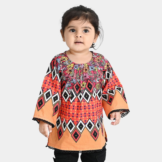 Infant Girls Cotton Poplin Printed Kurti Fan Flowers-Multi