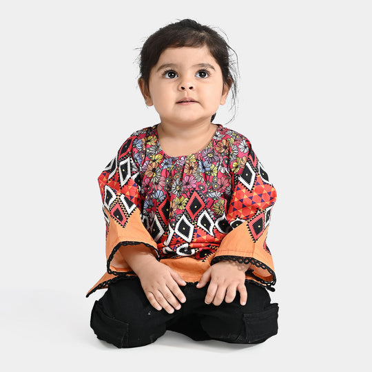 Infant Girls Cotton Poplin Printed Kurti Fan Flowers-Multi