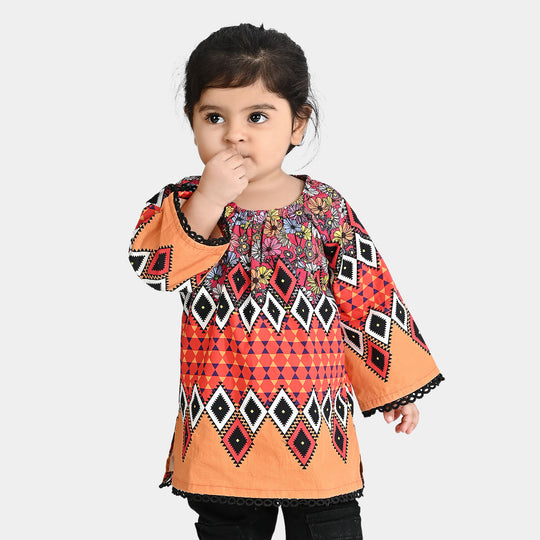Infant Girls Cotton Poplin Printed Kurti Fan Flowers-Multi