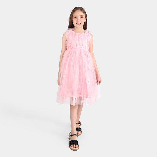 Girls Net Fancy Frock Pearls-PINK