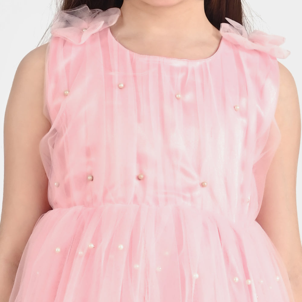 Girls Net Fancy Frock Pearls-PINK