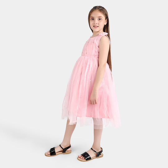 Girls Net Fancy Frock Pearls-PINK