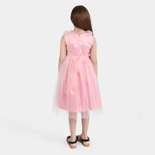 Girls Net Fancy Frock Pearls-PINK