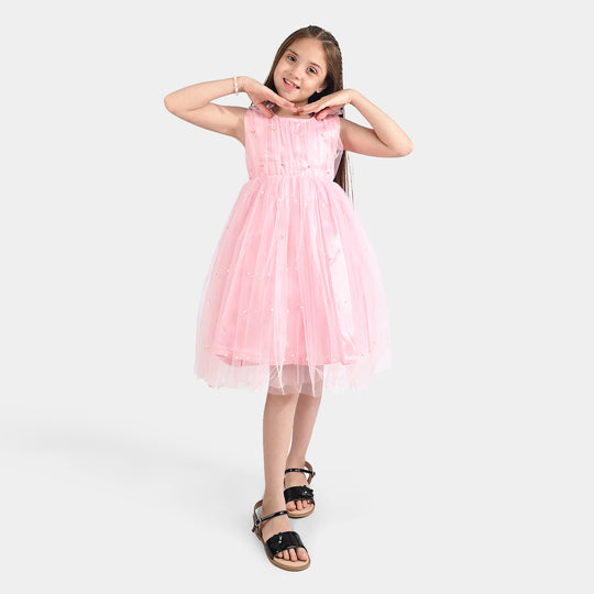 Girls Net Fancy Frock Pearls-PINK