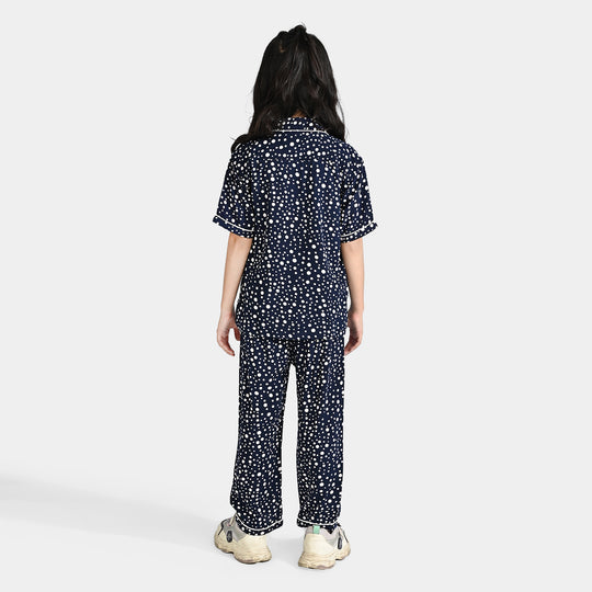 Girls Viscose Woven Nightwear Polka-NAVY