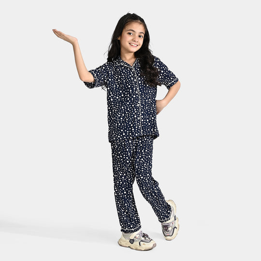 Girls Viscose Woven Nightwear Polka-NAVY
