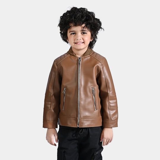 Boys Genuine PU Leather Jacket Biker-BROWN