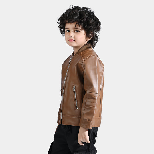 Boys Genuine PU Leather Jacket Biker-BROWN