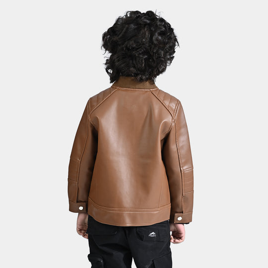 Boys Genuine PU Leather Jacket Biker-BROWN