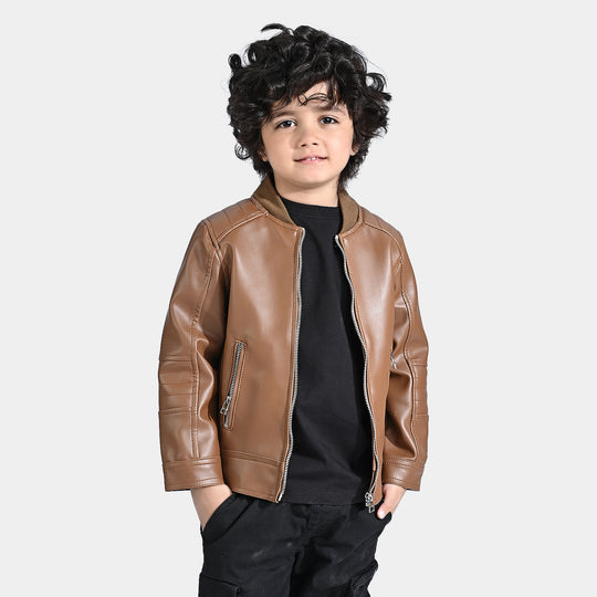 Boys Genuine PU Leather Jacket Biker-BROWN