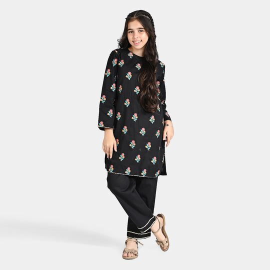 Girls Cotton Poplin EMB 2 Pcs Suit Flora-BLACK