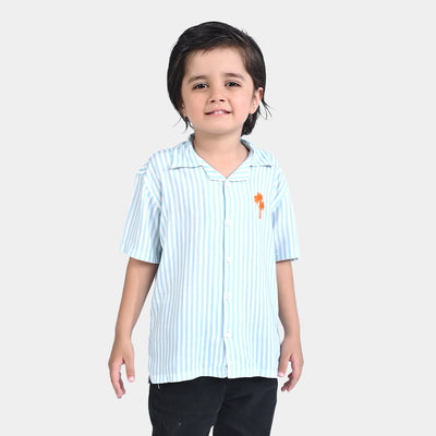 Boys Cotton Viscose Casual Shirt H/S (Stripes With Palm)-L/BLUE