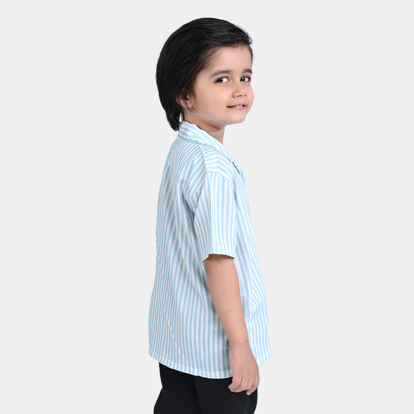 Boys Cotton Viscose Casual Shirt H/S (Stripes With Palm)-L/BLUE