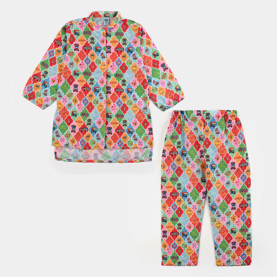 Girls Poly Net Printed 2Pcs RikShaw-Multi