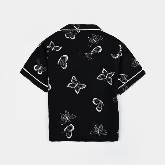 Infant Girls Viscose Night Suit-Butterfly - BLACK