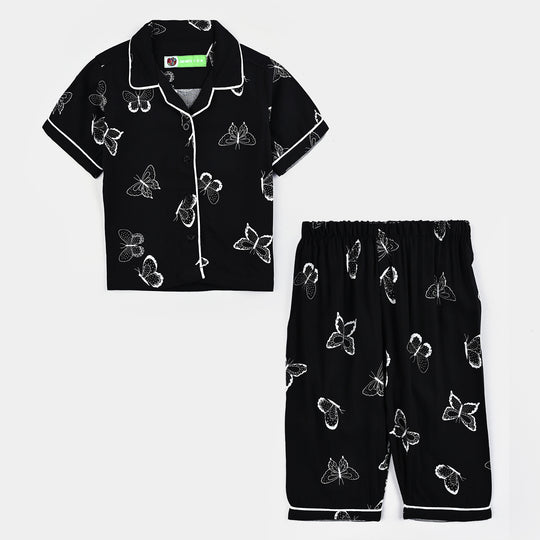 Infant Girls Viscose Night Suit-Butterfly - BLACK
