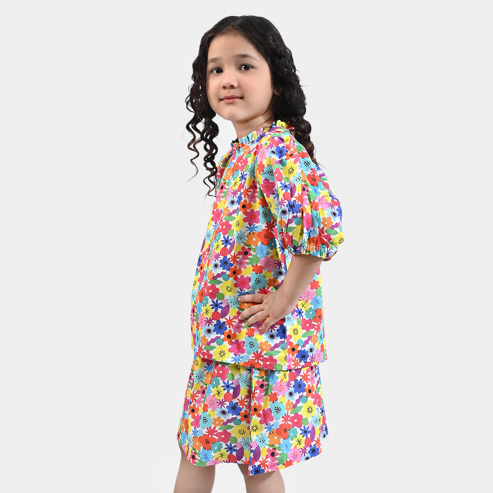 Girls Cotton Poplin 2 PCs Suit Flowers Gallery-Multi