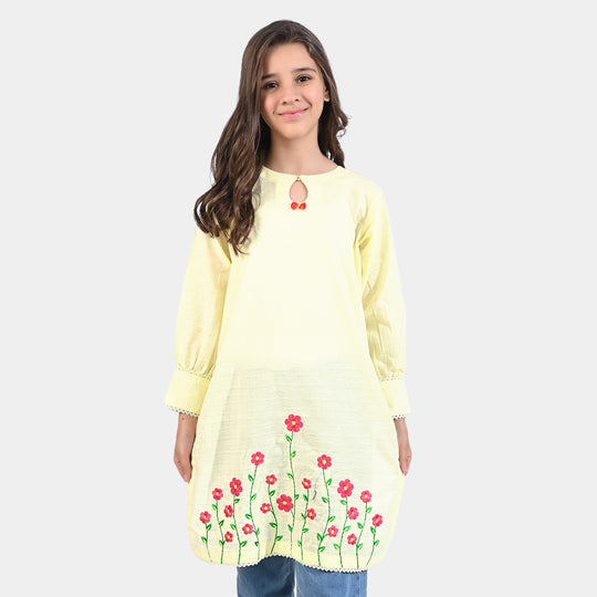 Girls Jacquard EMB Kurti Summer Vibes-Yellow