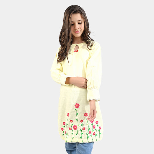 Girls Jacquard EMB Kurti Summer Vibes-Yellow