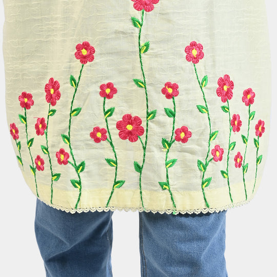 Girls Jacquard EMB Kurti Summer Vibes-Yellow