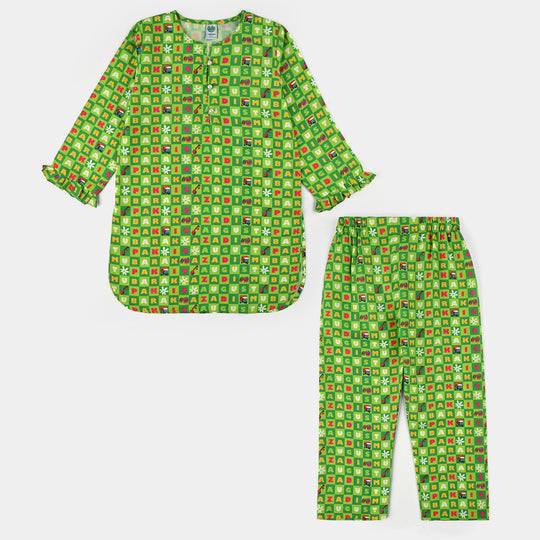 Girls Poly Net Printed 2Pcs Suit 14 August Ind-L.Green