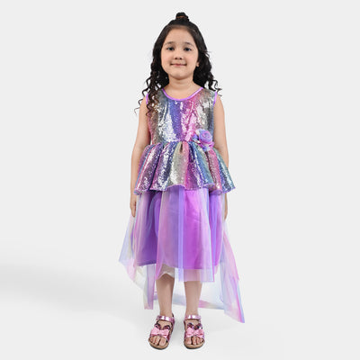 Girls Fancy Frock Multi Sequins Back Tail-Pink