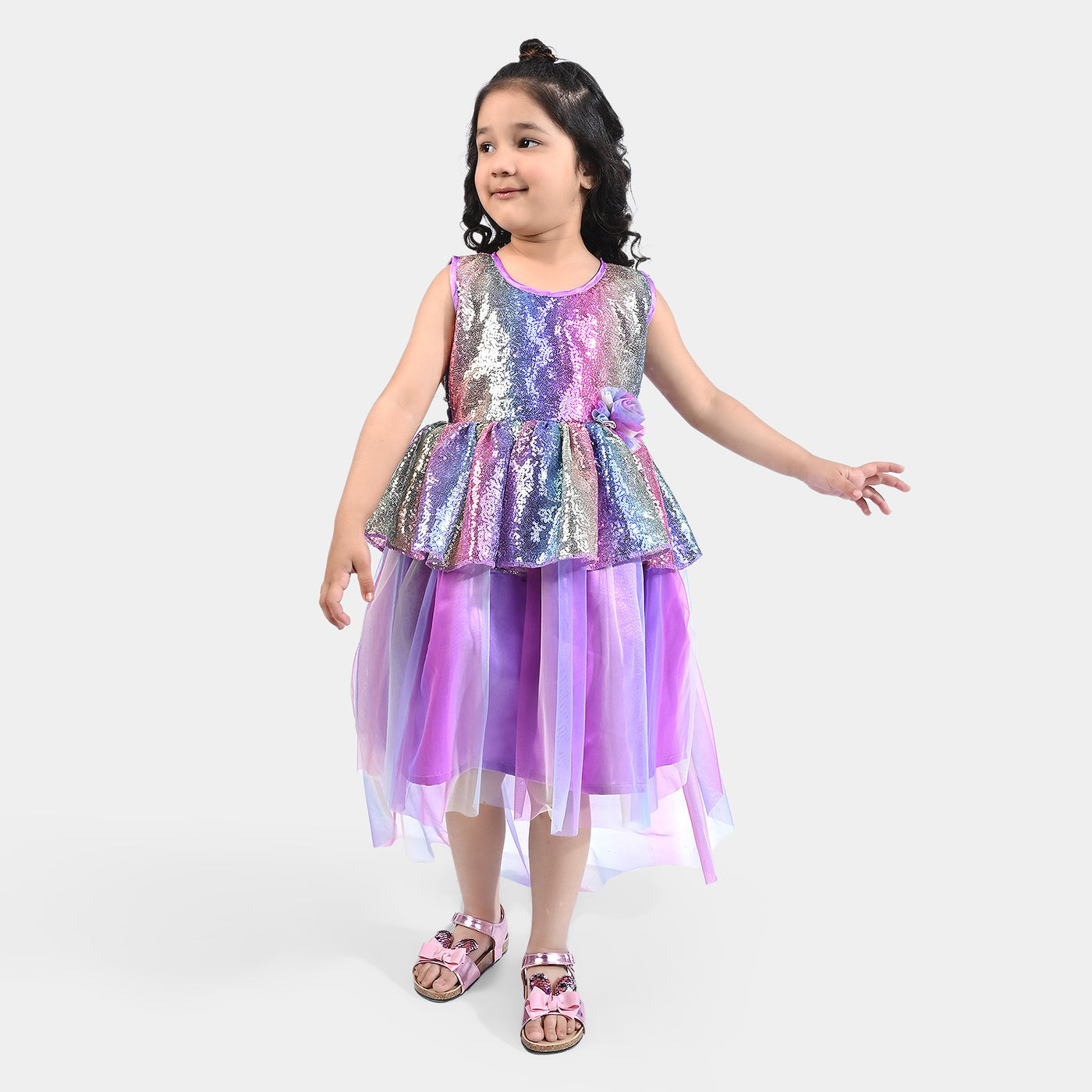 Girls Fancy Frock Multi Sequins Back Tail-Pink