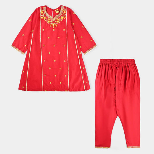 Girls Cotton Poplin Emb 2Pcs Limelight-MAROON