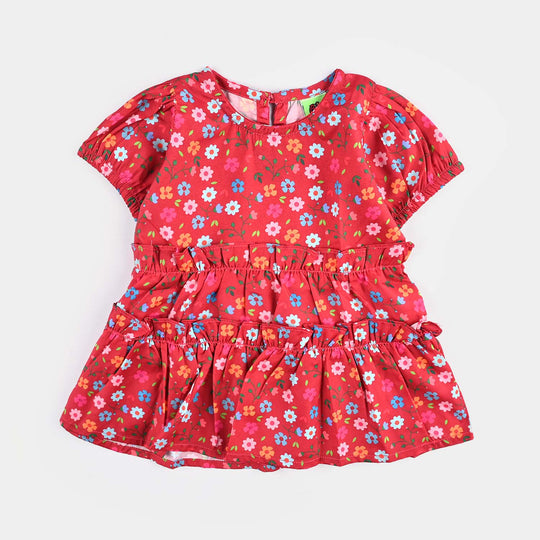 Infant Girls Raw Silk Casual Frock Red Ruffle-Multi
