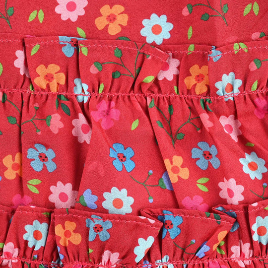 Infant Girls Raw Silk Casual Frock Red Ruffle-Multi