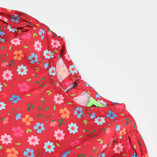 Infant Girls Raw Silk Casual Frock Red Ruffle-Multi