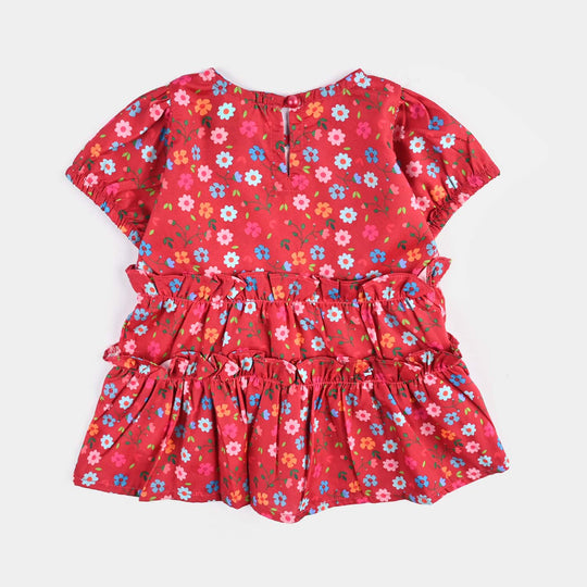 Infant Girls Raw Silk Casual Frock Red Ruffle-Multi