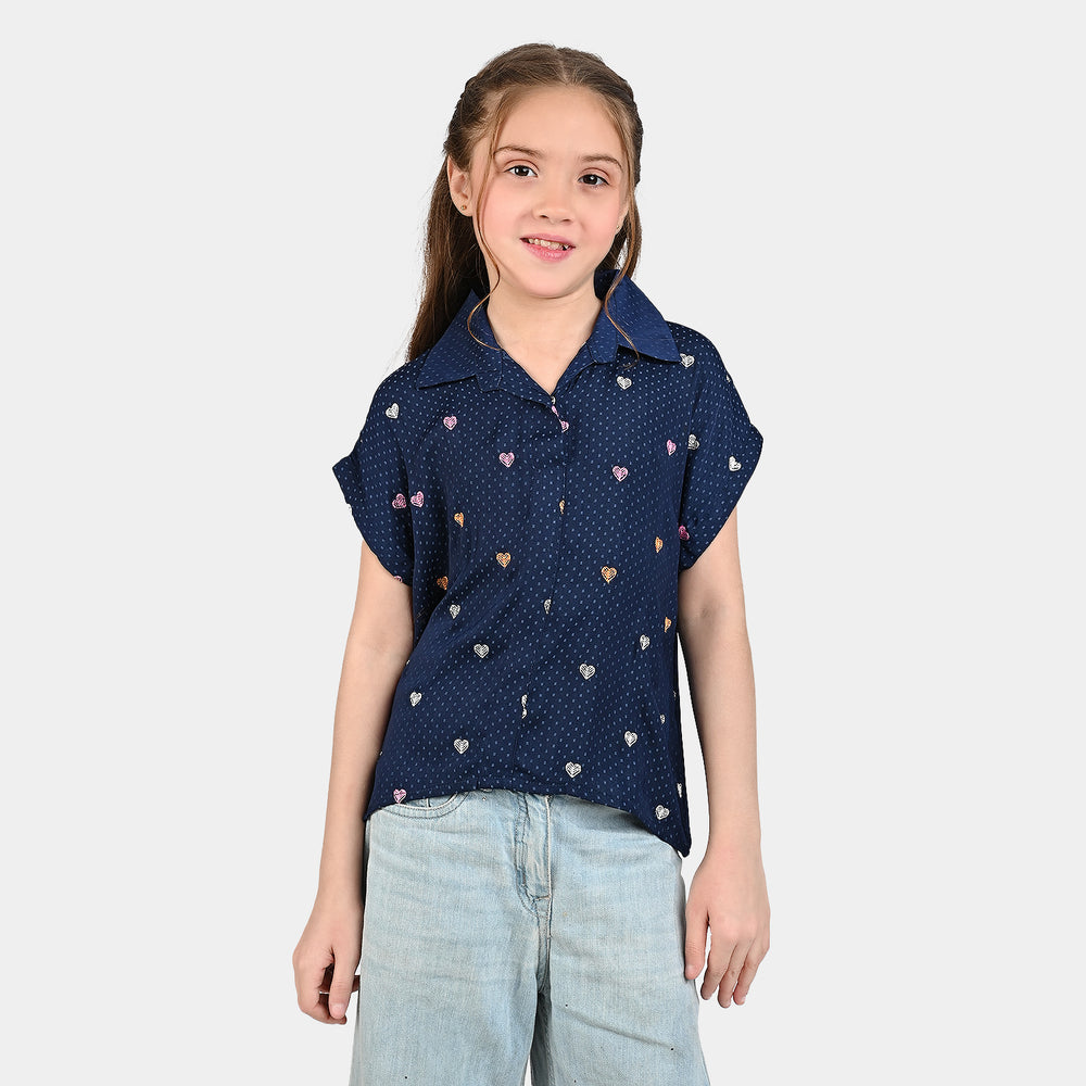 Girls Poly Cotton Emb Top Colorful Hearts-Blue