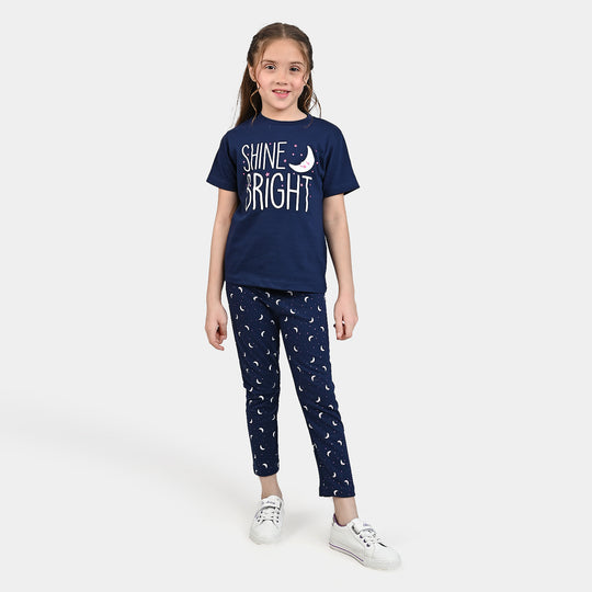 Girls Poly Cotton Jersey Night Suit Shine Bright-Navy Blue