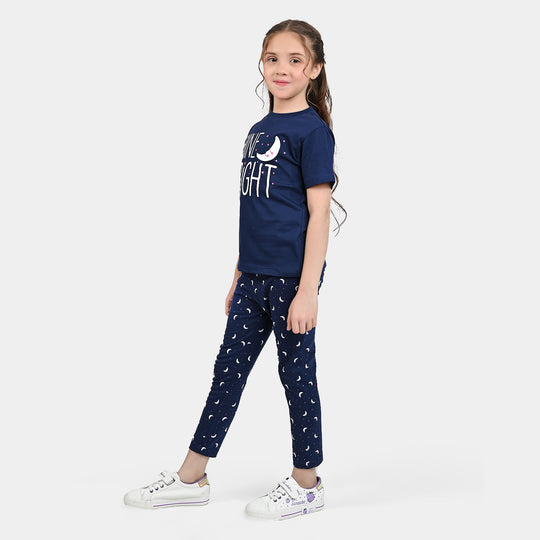 Girls Poly Cotton Jersey Night Suit Shine Bright-Navy Blue